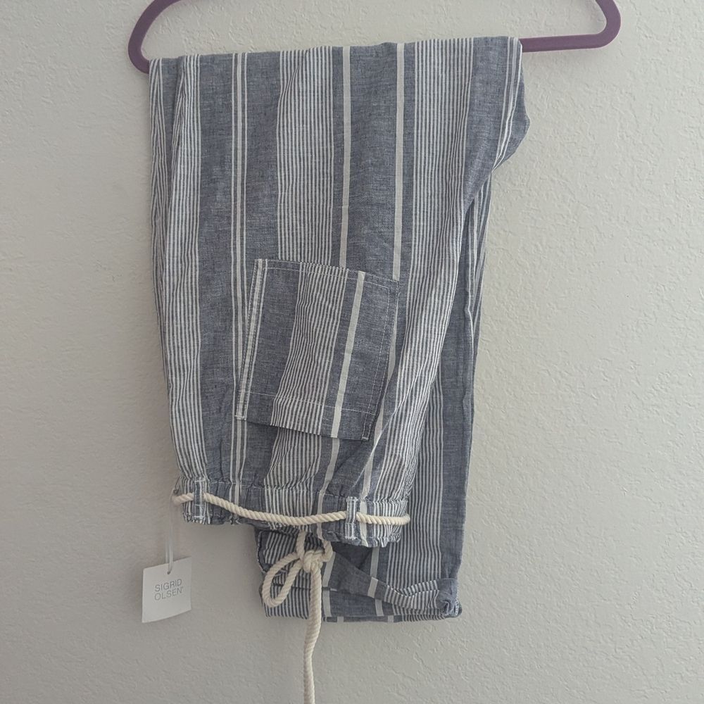 Sigrid Olsen NWT Navy and White Striped XL Linen Pants NWT vacation resort - Picture 9 of 11